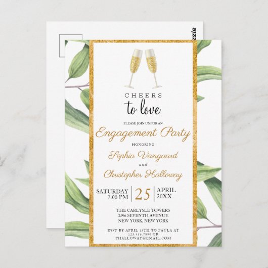 Cheers to Love Champagne Greenery Engagement Party Briefkaart (Voorkant / Achterkant)