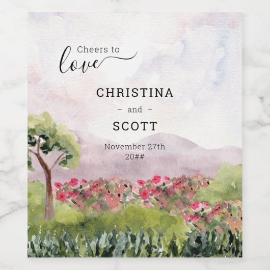 Cheers to Love Country Meadow Waterverf Weddenscha Wijn Etiket (Enkel label)