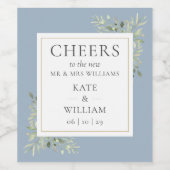 Cheers to Mr. and Mrs Greenery Dusty Blue Wedding Wijn Etiket (Enkel label)