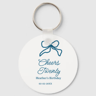 Cheers twenty blue birthday bow name date boho ret sleutelhanger