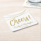 Cheers White en Gold Foil String Lights Vierkante Kartonnen Onderzetter (Schuin)