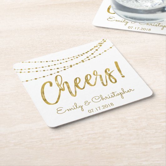 Cheers White en Gold Foil String Lights Vierkante Kartonnen Onderzetter (Schuin)