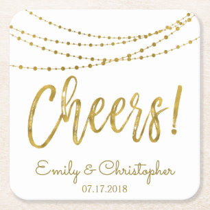 Cheers White en Gold Foil String Lights Vierkante Kartonnen Onderzetter