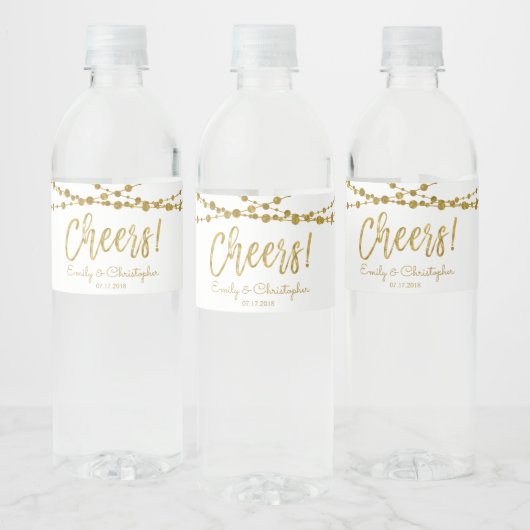 Cheers White en Gold Foil String Lights Waterfles Etiket (Flessen)