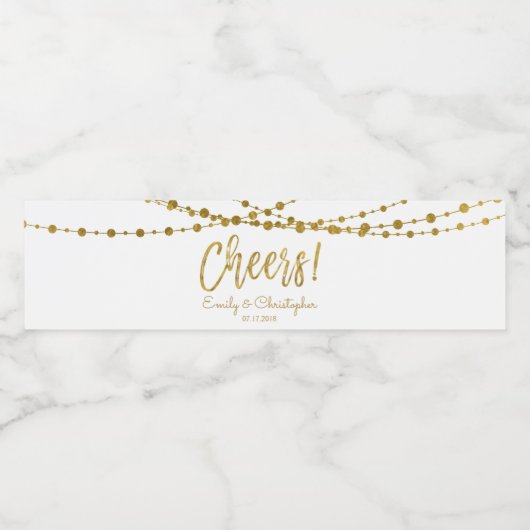 Cheers White en Gold Foil String Lights Waterfles Etiket (Enkel label)