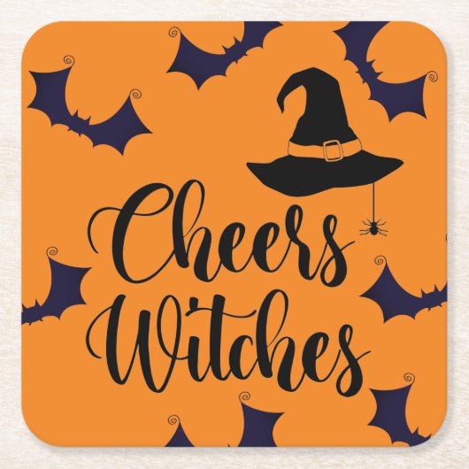 Cheers Witches Typography Bat Halloween Party Squa Vierkante Kartonnen Onderzetter (Voorkant)