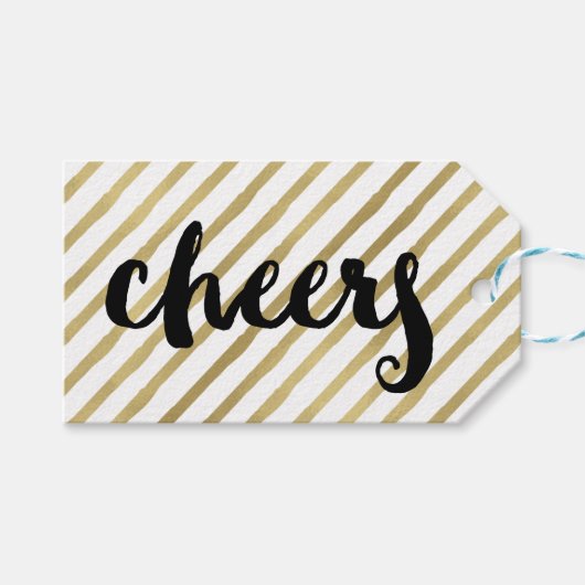 Cheers | Zwarte en Faux Gold Stripe Cadeaulabel (Voorkant (Horizontaal))