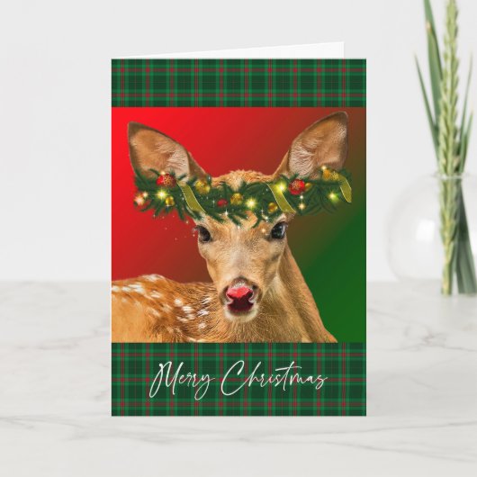 Cheery Fawn Plaid Christmas Kaart (Voorkant)