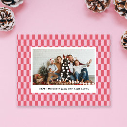 Cheery Pink Red Checkers Carte de Noël