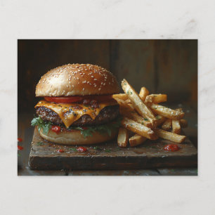 Cheeseburger en knoflookfrietschilderij briefkaart