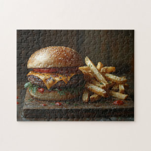 Cheeseburger en knoflookfrietschilderij legpuzzel