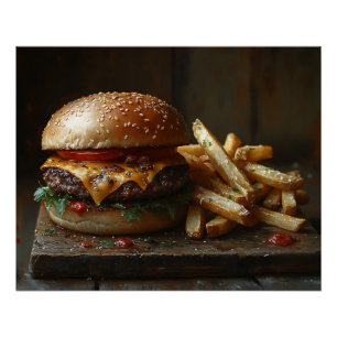 Cheeseburger en knoflookfrietschilderij perfect poster