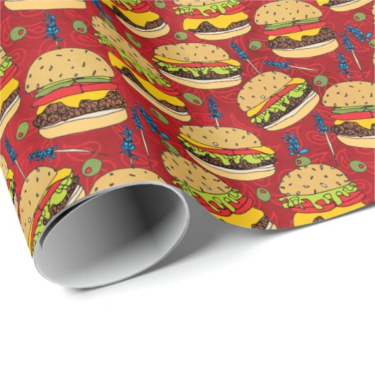 Cheeseburger Pattern Red Cadeaupapier (Rol Hoek)