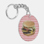 Cheeseburger, rode en witte achtergrond K Sleutelhanger (Voorkant Links)