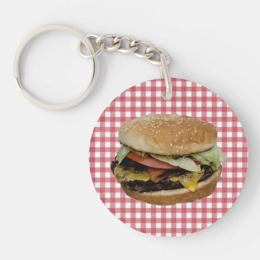 Cheeseburger, rode en witte achtergrond K Sleutelhanger (Voorkant)
