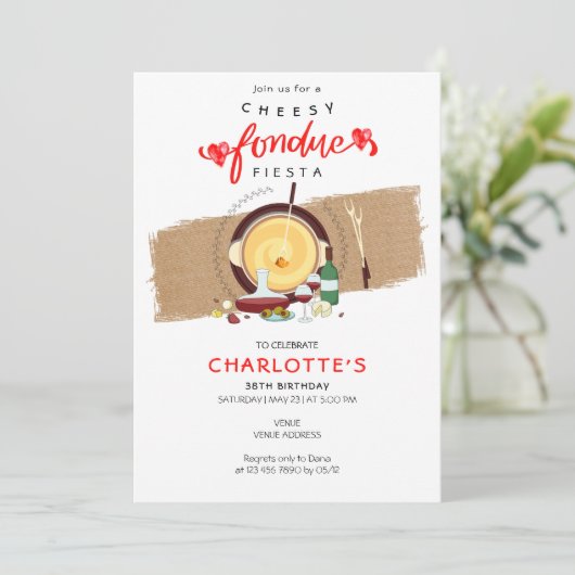 Cheesy Fondue Fiesta Harten Pot Wijn Fondue Party Kaart (Staand voorkant)