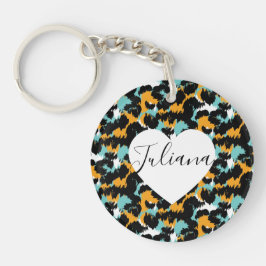 Cheetah Animal Print Blauwgroen Oranje hart Sleutelhanger