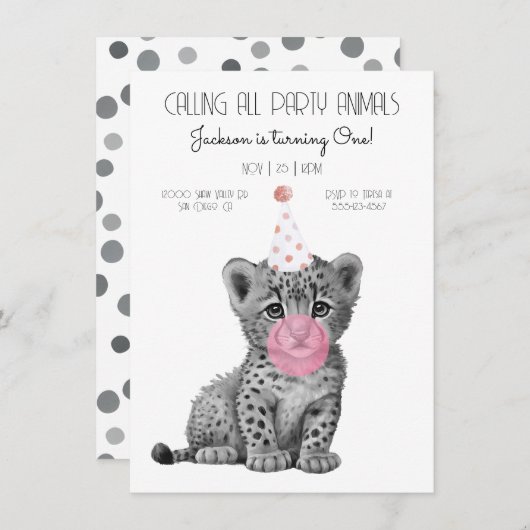 Cheetah bébé noir et blanc Invitation d'anniversai (Devant / Derrière)