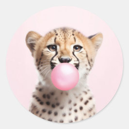 Cheetah blazen roze bubbel kauwgom speels ronde sticker