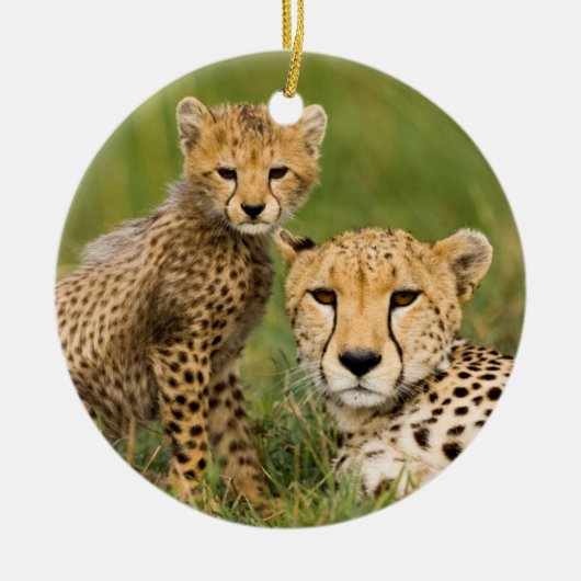 Cheetah Cub en Parent in Grass Keramisch Ornament (Voorkant)