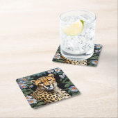 Cheetah en bloemen vierkante kartonnen onderzetter (Insitu)
