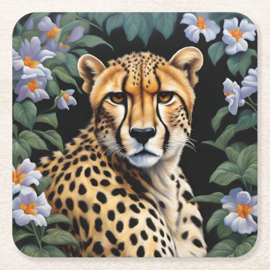 Cheetah en bloemen vierkante kartonnen onderzetter (Voorkant)