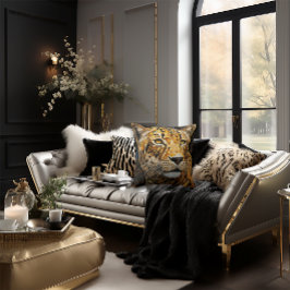 Cheetah Face Mozaïek Kat Stijlvol Zwart & Goud Kussen