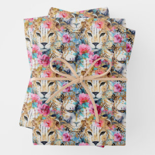 Cheetah Floral Boho Waterverf Pattern Inpakpapier Vel