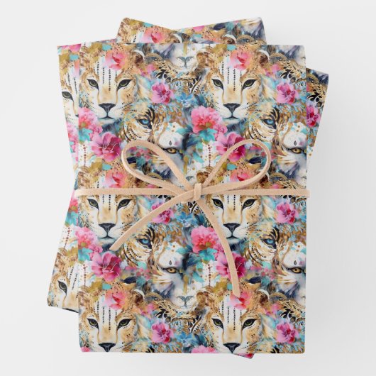 Cheetah Floral Boho Waterverf Pattern Inpakpapier Vel (In situ)