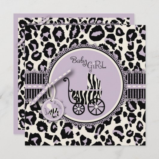Cheetah Girl Invitation Square Lila Kaart (Voorkant / Achterkant)