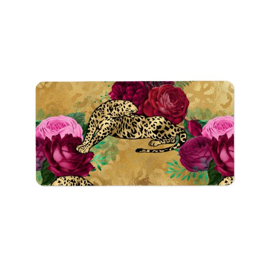 Cheetah Leopard Red Rose Floral Flower Pattern Etiket (Voorkant)