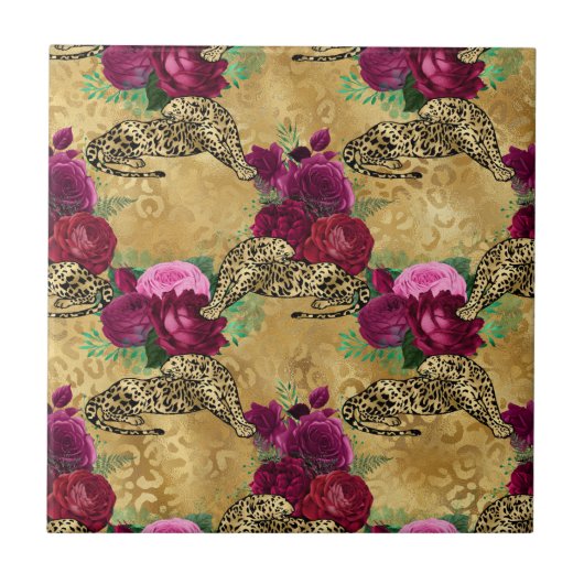 Cheetah Leopard Red Rose Floral Flower Pattern Tegeltje (Voorkant)