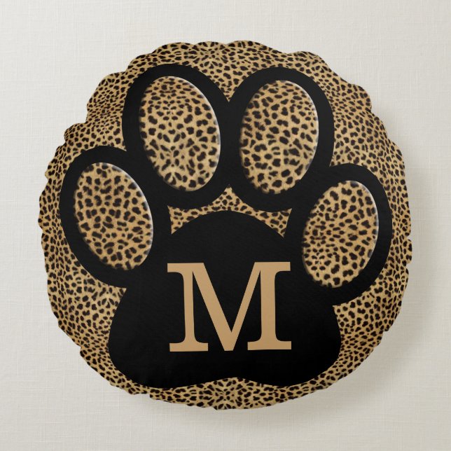 Cheetah Print Monogramed Cat Paw Print Rond Kussen (Voorkant)