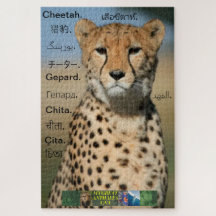 Cheetah puzzel, in verschillende talen.