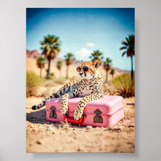 Cheetah Travel Print, Retro Desert Wall Art, Roze Poster