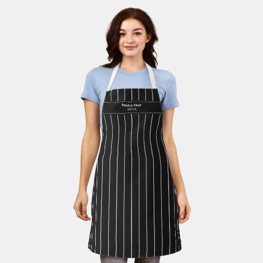 Chef Black en White Stripes Schort (Gedragen)