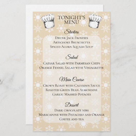 Chef casquette snowflakes Noël menu du dîner (Devant / Derrière)