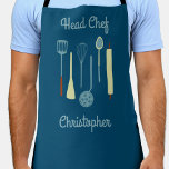 Chef chef tablier personnalisé<br><div class="desc">Fun Head Chef Design avec des outils de cuisine pour votre chef, cuisinier ou expert grill préféré. Modifiez le nom pour personnaliser.</div>