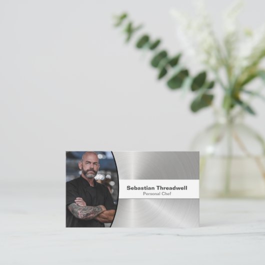 Chef Faux Steel Custom Photo QR Code Visitekaartje (Staand voorkant)