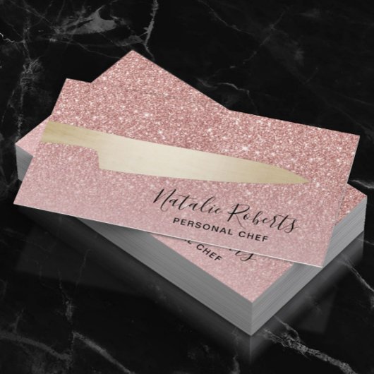 Chef Gold Knife Modern Roos Gold Glitter Visitekaartje