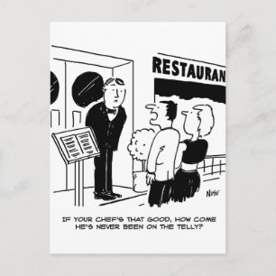 Chef in restaurant nooit op televisie-cartoon briefkaart