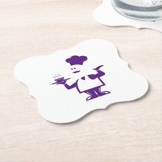 Chef-kok met een kom soep kartonnen onderzetters (Gekanteld)