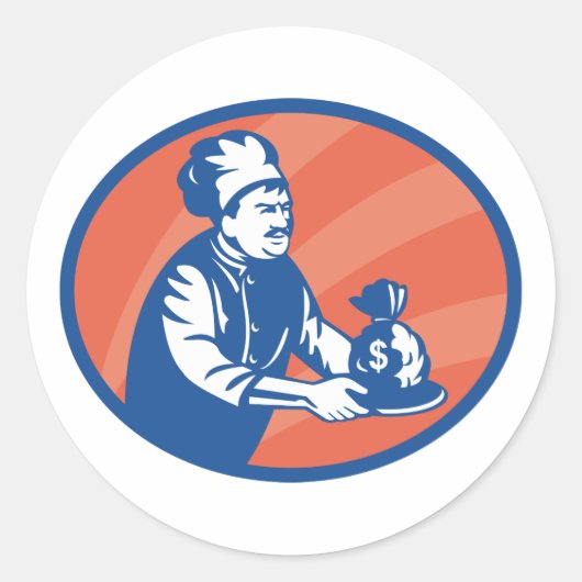 Chef-kok met geldzak Restaurant Finance Ronde Sticker (Voorkant)