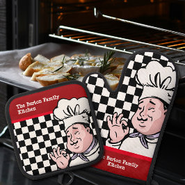 Chef-kok Zwart Wit Checkerboard Rood Familie Keuke Ovenwant & Pannenlap Set