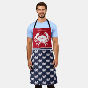 Chef Monogrammed Red White Navy Blue Crab Nautical Schort