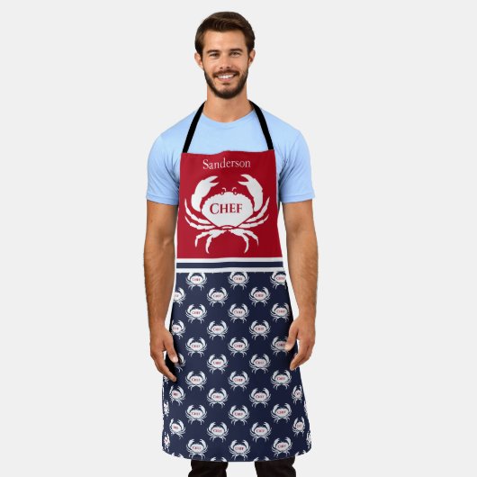 Chef Monogrammed Red White Navy Blue Crab Nautical Schort (Gedragen)