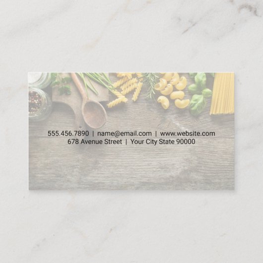 Chef Pet en Mes | Houten tafel van pasta's Visitekaartje (Achterkant)