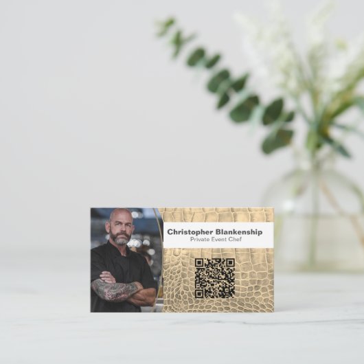 Chef Tan Snake Skin Textuur Aangepaste foto QR Cod Visitekaartje (Staand voorkant)