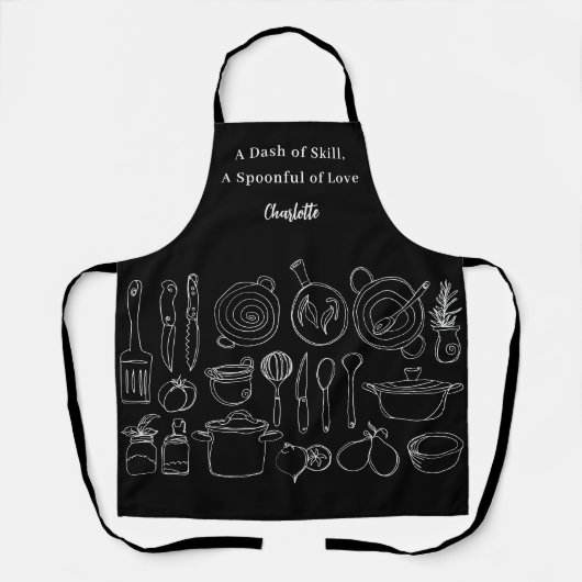 Chef zwart wit keukengerei slogan script schort (Voorkant)