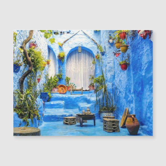 Chefchaouen Blue City Marokko Oil Painting Boho (Voorkant)